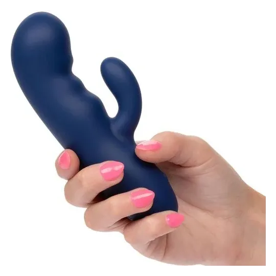Masseur vibrant double moteur CALEXOTICS en silicone bleu, pointe incurvée pour stimulation du point G.