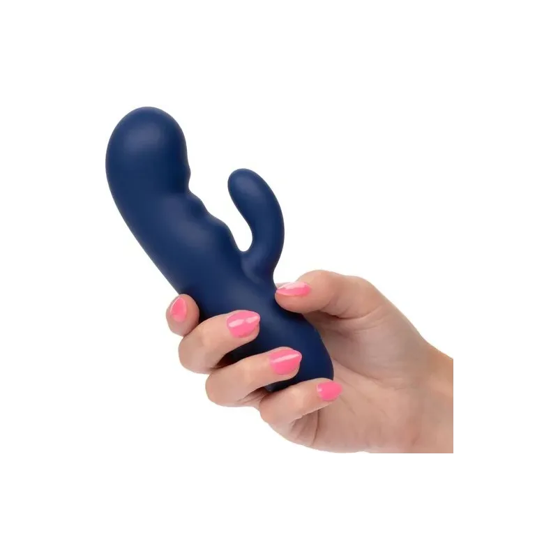 Masseur vibrant double moteur CALEXOTICS en silicone bleu, pointe incurvée pour stimulation du point G.