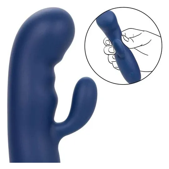 Masseur vibrant double moteur CALEXOTICS en silicone bleu, pointe incurvée pour stimulation du point G.