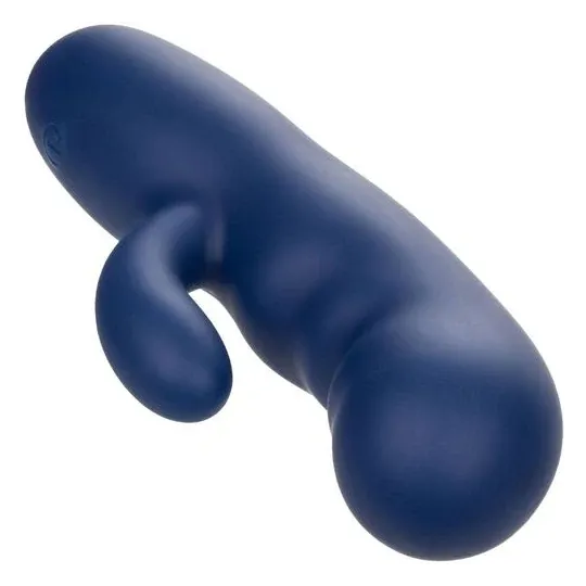 Masseur vibrant double moteur CALEXOTICS en silicone bleu, pointe incurvée pour stimulation du point G.
