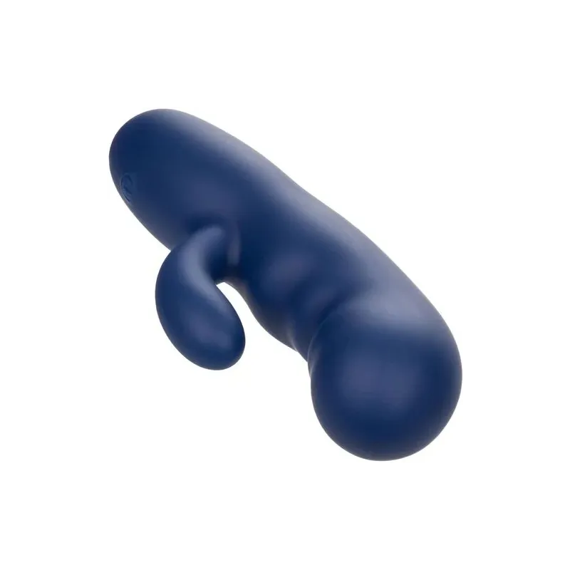 Masseur vibrant double moteur CALEXOTICS en silicone bleu, pointe incurvée pour stimulation du point G.