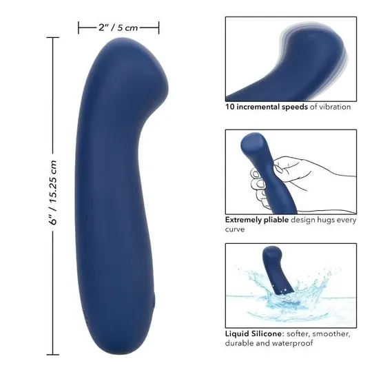 Masseur point G CALEXOTICS Cashmere Satin G en silicone liquide, couleur bleue, tête plate large pour stimulation précise