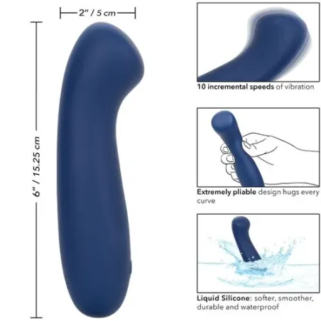 Masseur point G CALEXOTICS Cashmere Satin G en silicone liquide, couleur bleue, tête plate large pour stimulation précise
