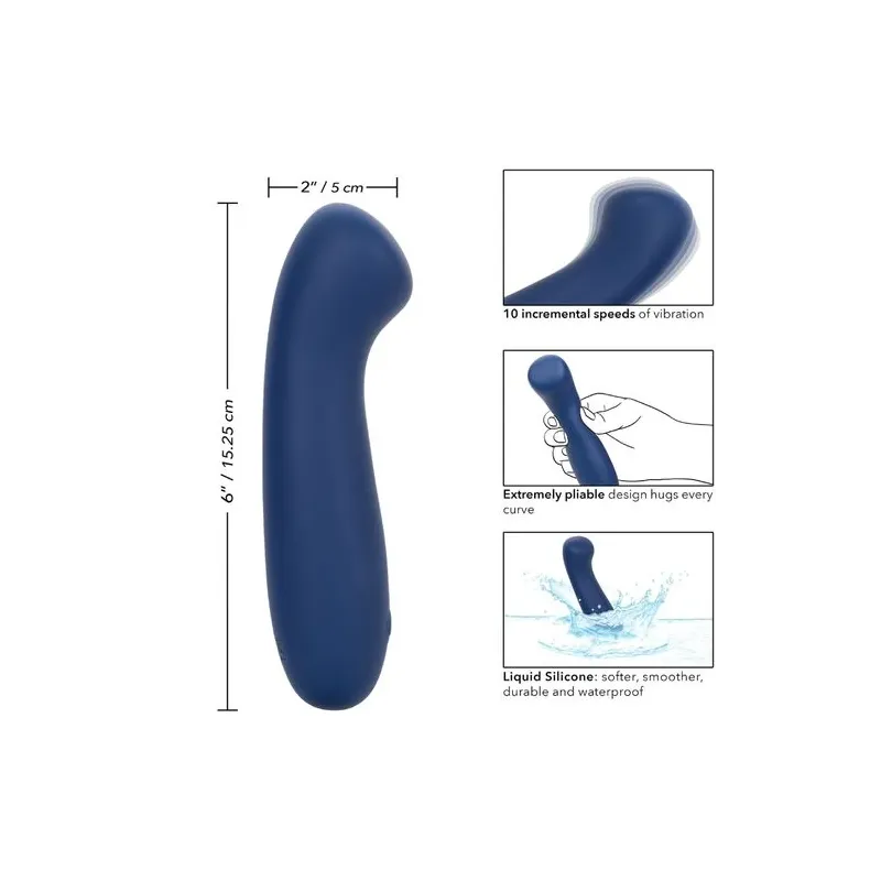 Masseur point G CALEXOTICS Cashmere Satin G en silicone liquide, couleur bleue, tête plate large pour stimulation précise