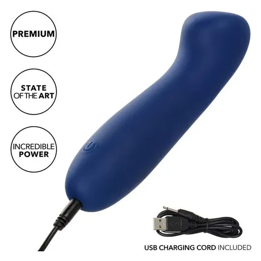 Masseur point G CALEXOTICS Cashmere Satin G en silicone liquide, couleur bleue, tête plate large pour stimulation précise