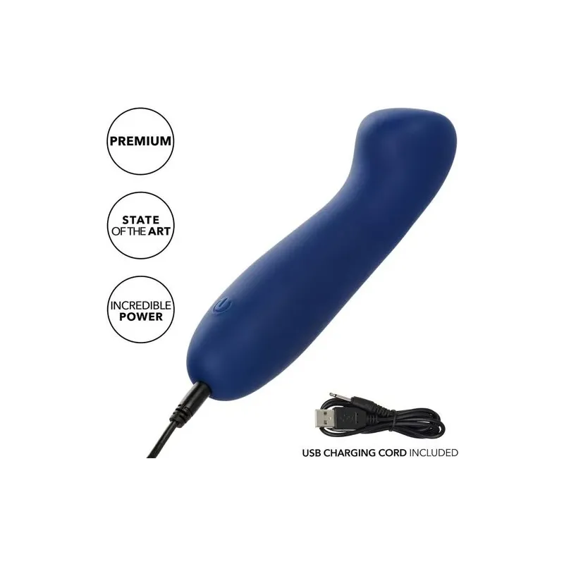 Masseur point G CALEXOTICS Cashmere Satin G en silicone liquide, couleur bleue, tête plate large pour stimulation précise