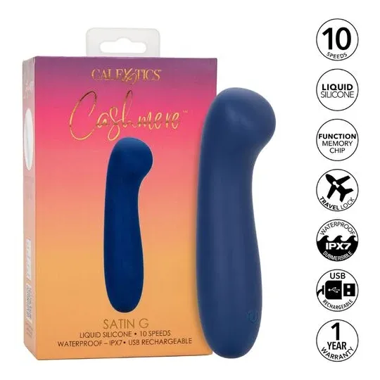 Masseur point G CALEXOTICS Cashmere Satin G en silicone liquide, couleur bleue, tête plate large pour stimulation précise