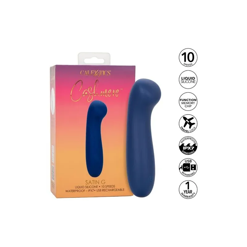 Masseur point G CALEXOTICS Cashmere Satin G en silicone liquide, couleur bleue, tête plate large pour stimulation précise