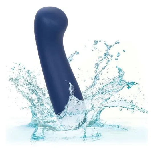 Masseur point G CALEXOTICS Cashmere Satin G en silicone liquide, couleur bleue, tête plate large pour stimulation précise