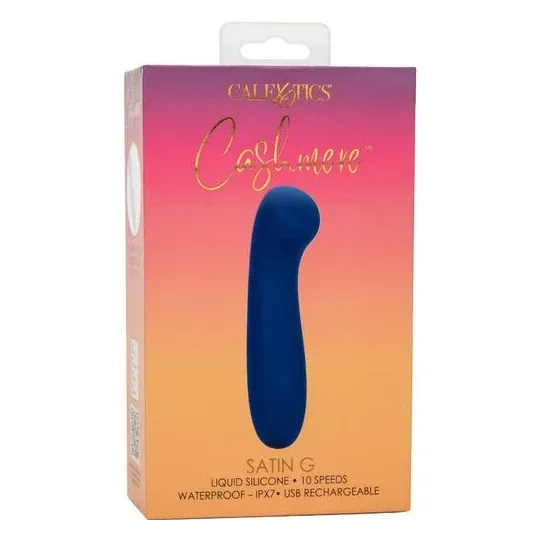 Masseur point G CALEXOTICS Cashmere Satin G en silicone liquide, couleur bleue, tête plate large pour stimulation précise