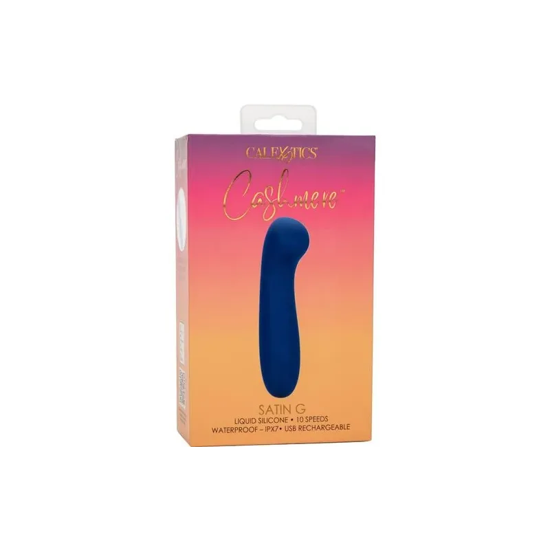 Masseur point G CALEXOTICS Cashmere Satin G en silicone liquide, couleur bleue, tête plate large pour stimulation précise