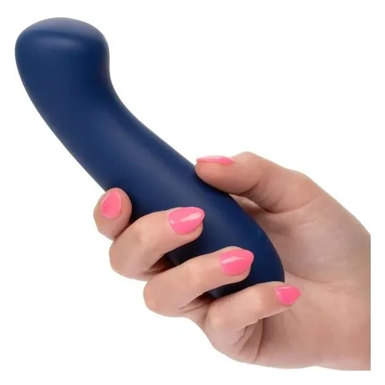 Masseur point G CALEXOTICS Cashmere Satin G en silicone liquide, couleur bleue, tête plate large pour stimulation précise