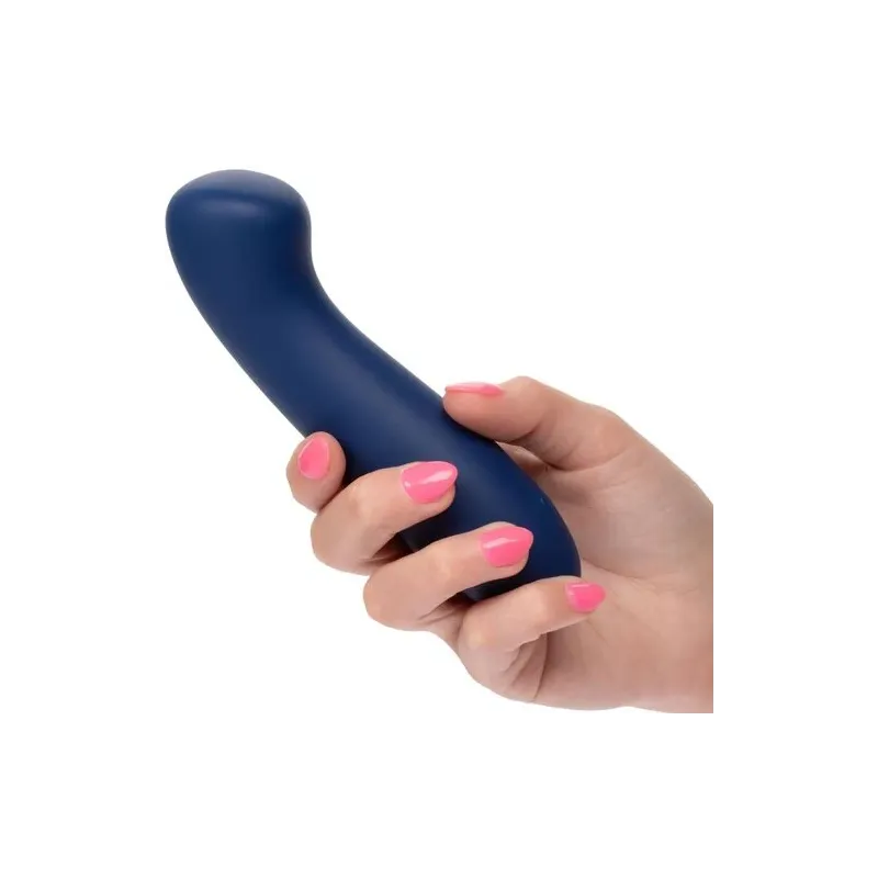 Masseur point G CALEXOTICS Cashmere Satin G en silicone liquide, couleur bleue, tête plate large pour stimulation précise