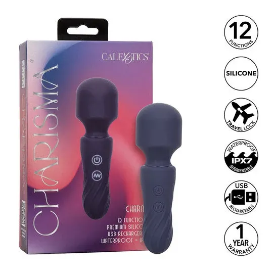 Travel massager Calexotics Charm purple 12 vibration modes USB rechargeable waterproof flexible head.