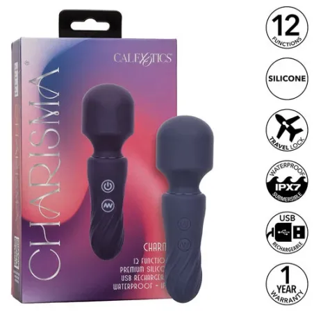 Travel massager Calexotics Charm purple 12 vibration modes USB rechargeable waterproof flexible head.
