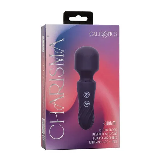 Travel massager Calexotics Charm purple 12 vibration modes USB rechargeable waterproof flexible head.