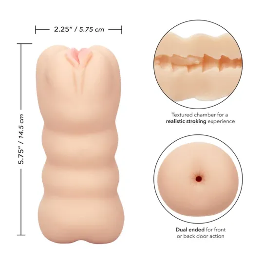Vista d'insieme del masturbatore CalExotics Cheap Frais Trois Voies doppia estremità in Pure Skin