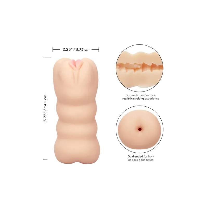 Vista d'insieme del masturbatore CalExotics Cheap Frais Trois Voies doppia estremità in Pure Skin