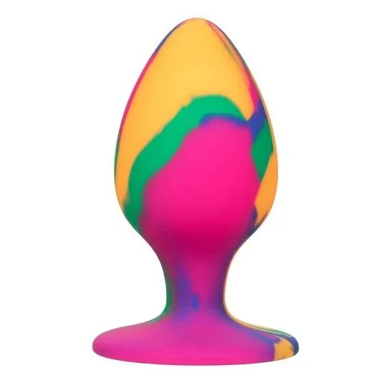 Grand plug anal progressif tie-dye Calexotics - vue d'ensemble du silicone psychédélique