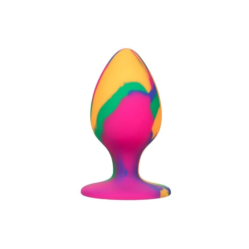 Grand plug anal progressif tie-dye Calexotics - vue d'ensemble du silicone psychédélique