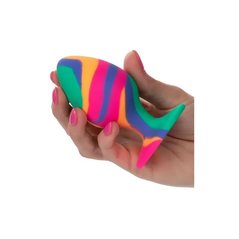 Grand plug anal progressif tie-dye Calexotics - vue d'ensemble du silicone psychédélique
