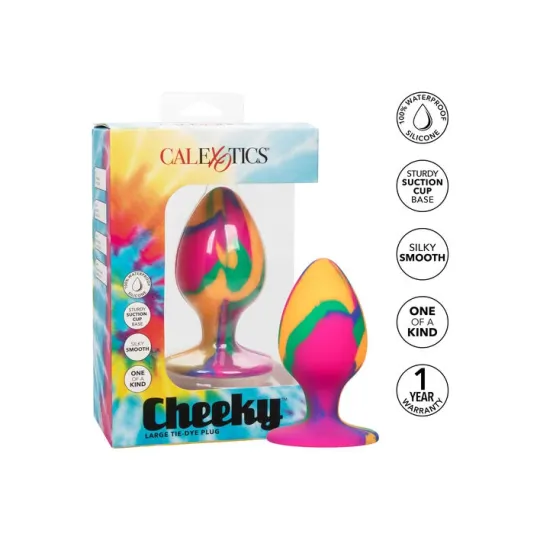 Grand plug anal progressif tie-dye Calexotics - vue d'ensemble du silicone psychédélique