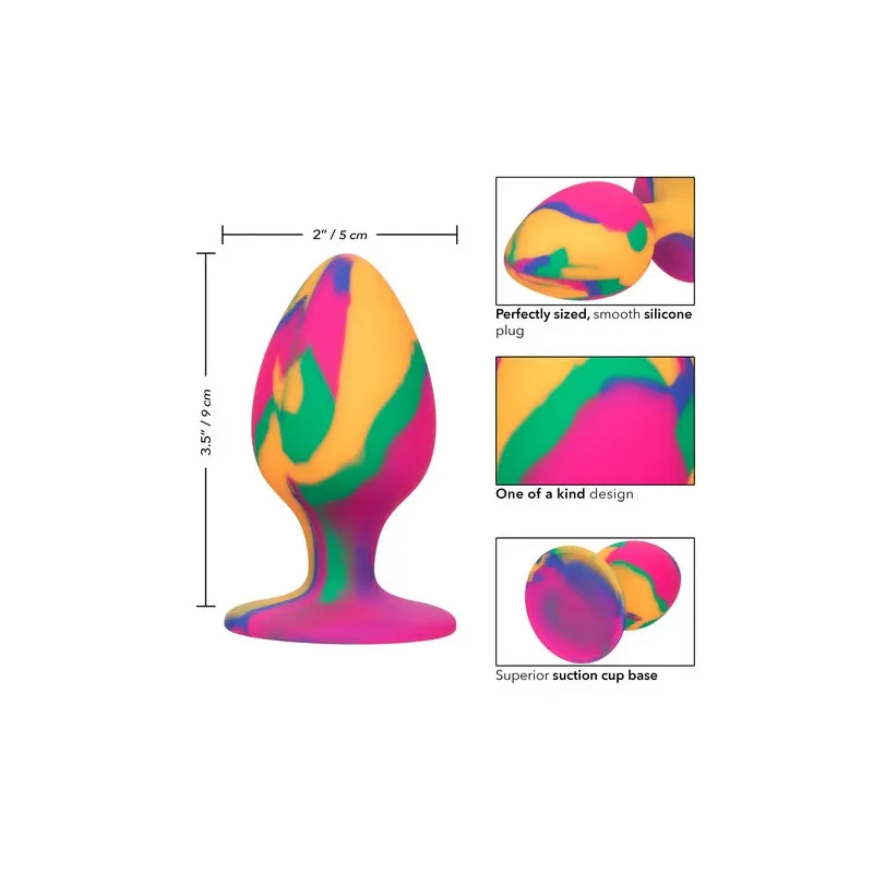 Grand plug anal progressif tie-dye Calexotics - vue d'ensemble du silicone psychédélique