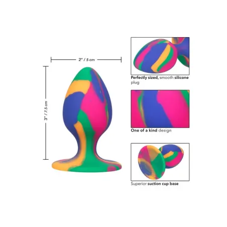 Calexotics plug anal moyen tie-dye avec ventouse, silicone coloré, motif psychédélique, pointe arrondie pour insertion progressi
