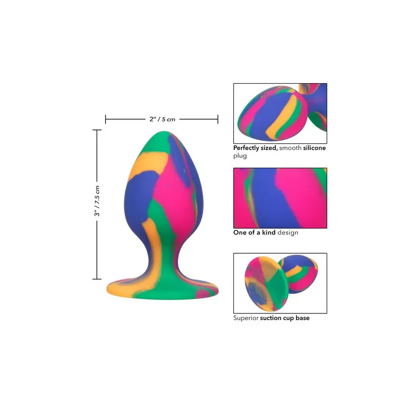 Calexotics plug anal moyen tie-dye avec ventouse, silicone coloré, motif psychédélique, pointe arrondie pour insertion progressi