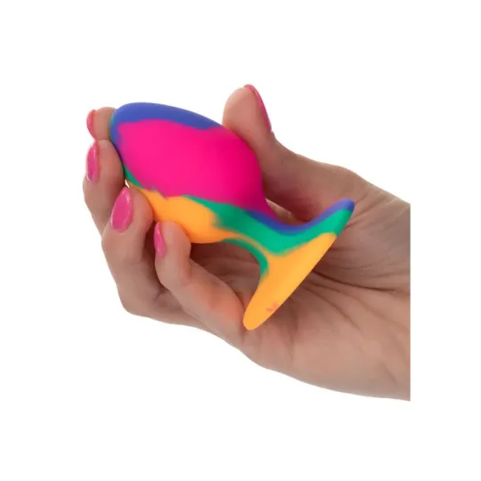 Calexotics plug anal moyen tie-dye avec ventouse, silicone coloré, motif psychédélique, pointe arrondie pour insertion progressi