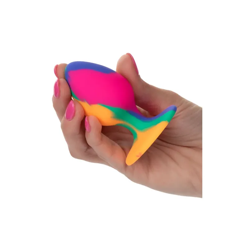 Calexotics plug anal moyen tie-dye avec ventouse, silicone coloré, motif psychédélique, pointe arrondie pour insertion progressi