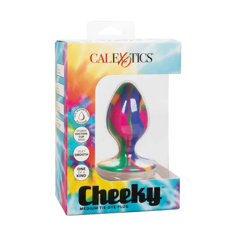 Calexotics plug anal moyen tie-dye avec ventouse, silicone coloré, motif psychédélique, pointe arrondie pour insertion progressi