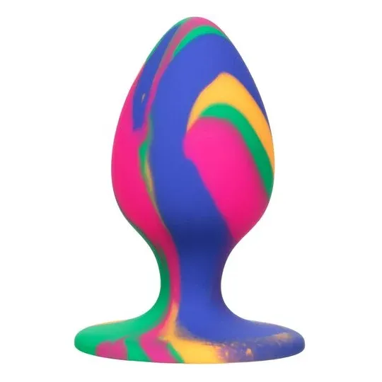 Calexotics plug anal moyen tie-dye avec ventouse, silicone coloré, motif psychédélique, pointe arrondie pour insertion progressi