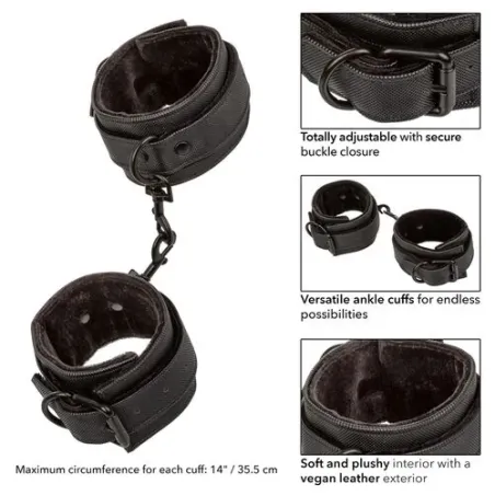 Black vegan leather bondage ankle cuffs CALEXOTICS with double padding - overview