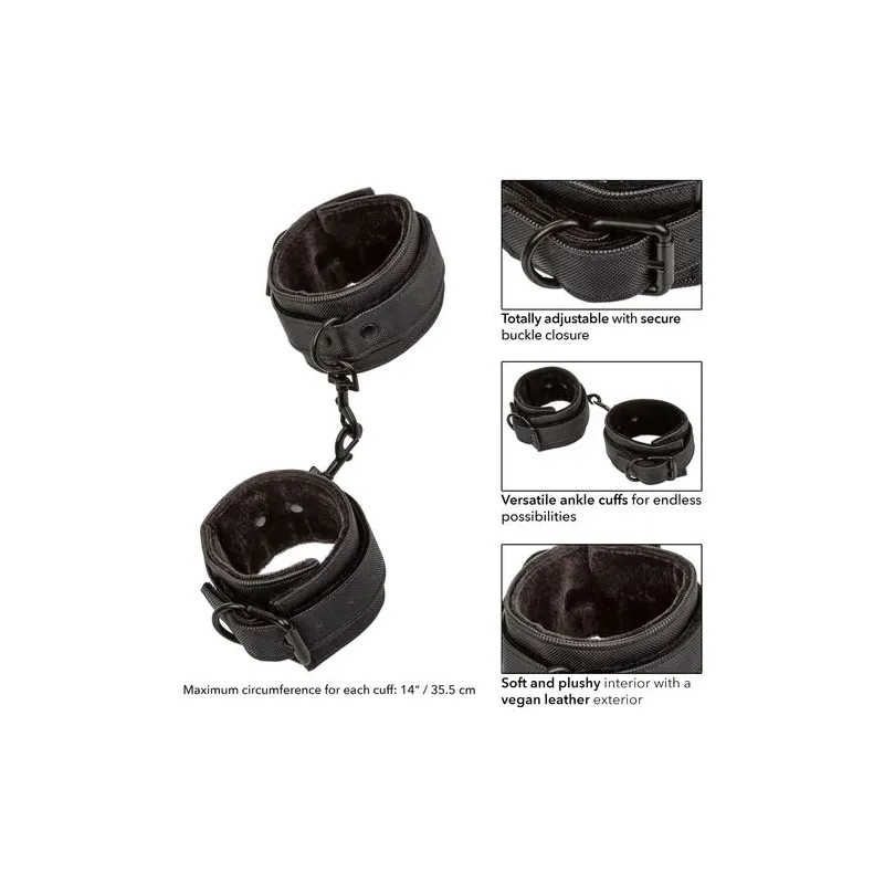 Black vegan leather bondage ankle cuffs CALEXOTICS with double padding - overview
