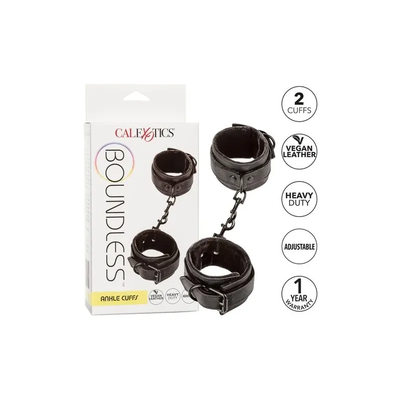 Black vegan leather bondage ankle cuffs CALEXOTICS with double padding - overview