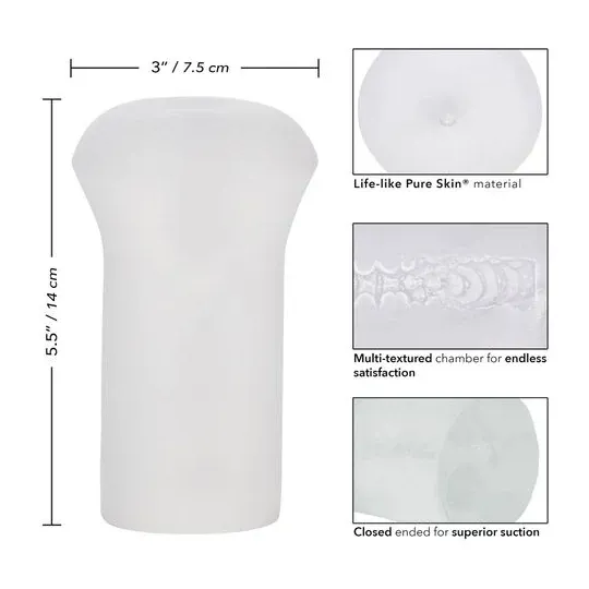 Masturbador transparente CALEXOTICS de material Pure Skin con cavidad texturizada y succión para estimulación masculina