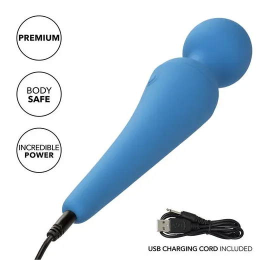 Kit vibrateur wand CALEXOTICS bleu avec manche flexible, 10 vitesses, étanche silicone pour massage intime