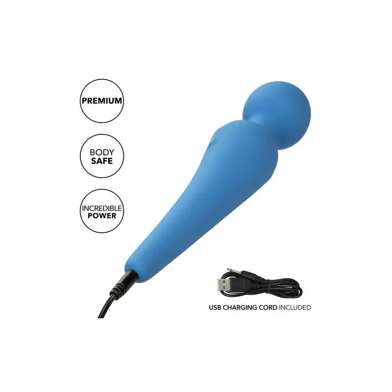Kit vibrateur wand CALEXOTICS bleu avec manche flexible, 10 vitesses, étanche silicone pour massage intime
