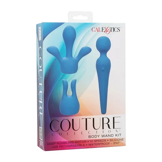 Kit vibrateur wand CALEXOTICS bleu avec manche flexible, 10 vitesses, étanche silicone pour massage intime