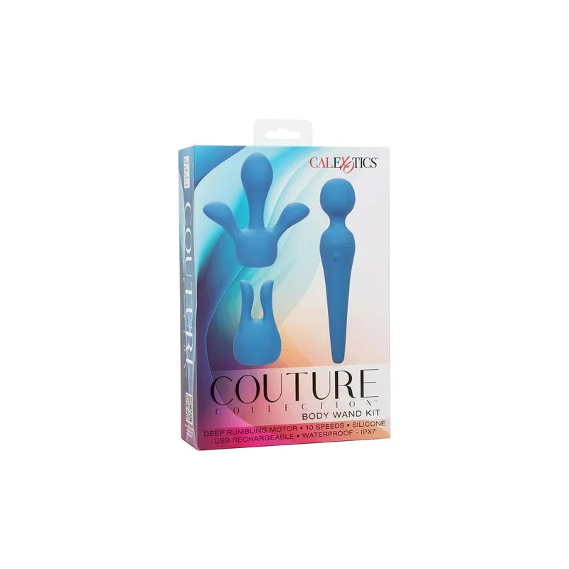 Kit vibrateur wand CALEXOTICS bleu avec manche flexible, 10 vitesses, étanche silicone pour massage intime