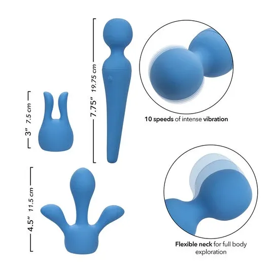 Kit vibrateur wand CALEXOTICS bleu avec manche flexible, 10 vitesses, étanche silicone pour massage intime