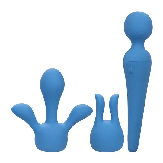 Kit vibrateur wand CALEXOTICS bleu avec manche flexible, 10 vitesses, étanche silicone pour massage intime