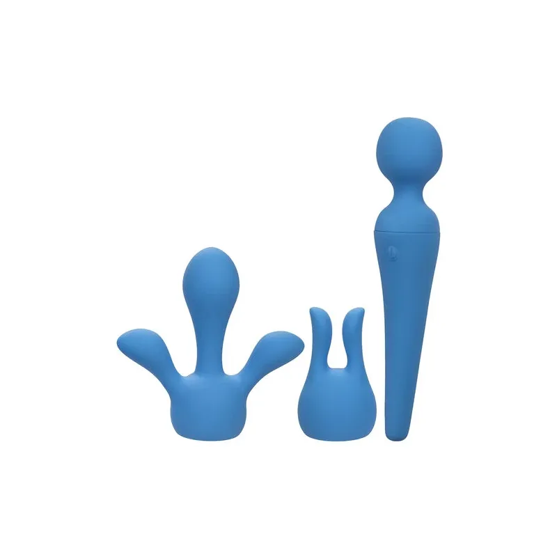 Kit vibrateur wand CALEXOTICS bleu avec manche flexible, 10 vitesses, étanche silicone pour massage intime