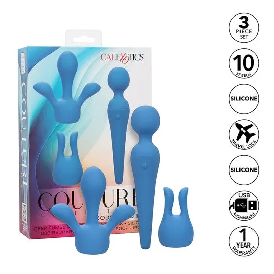 Kit vibrateur wand CALEXOTICS bleu avec manche flexible, 10 vitesses, étanche silicone pour massage intime