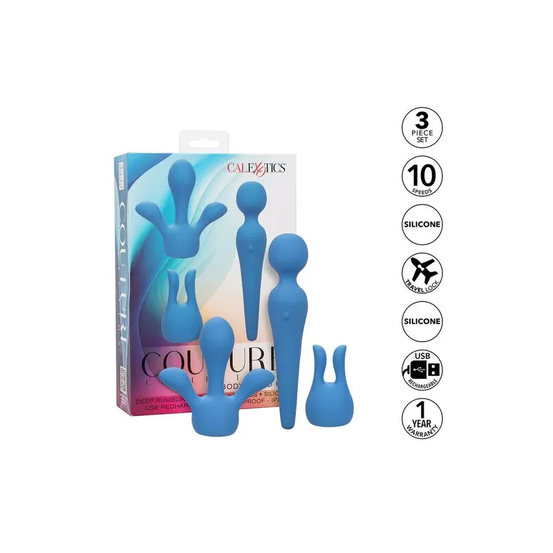 Kit vibrateur wand CALEXOTICS bleu avec manche flexible, 10 vitesses, étanche silicone pour massage intime