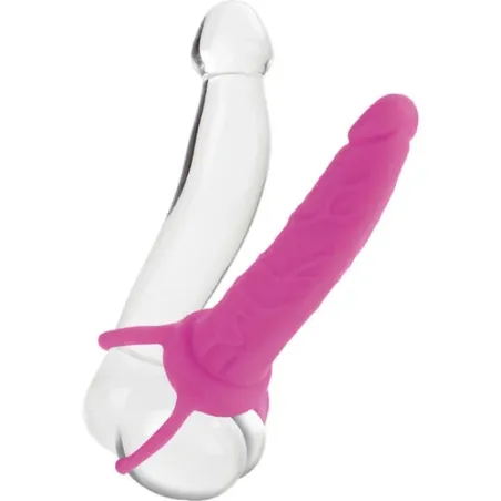 Rosa Doppelpenetrator von Calexotics aus Silikon mit verstellbarem Hodengurt für Paare und Solo.
